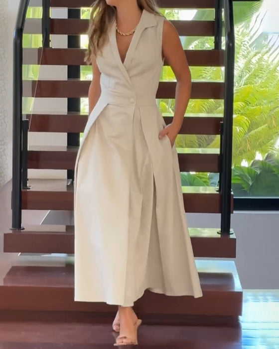 Robe élégante de couleur unie à revers sans manches