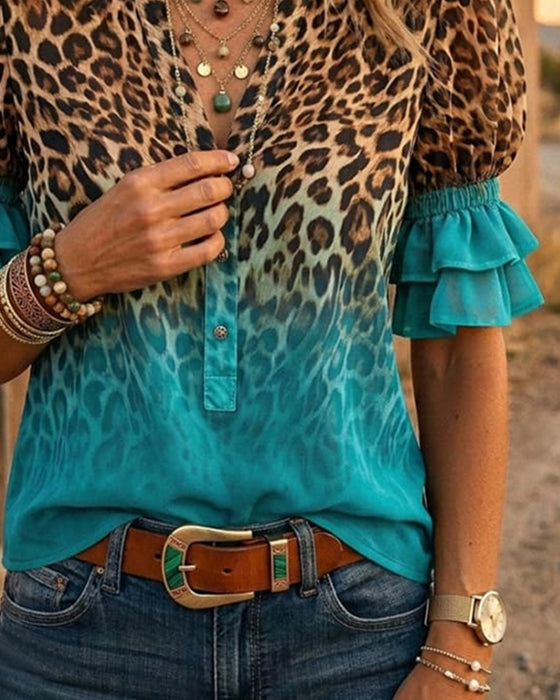 Blouse Col V Imprimé Léopard Dégradé Volantée