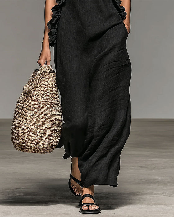 Robe Col Nuque Volantée Longue