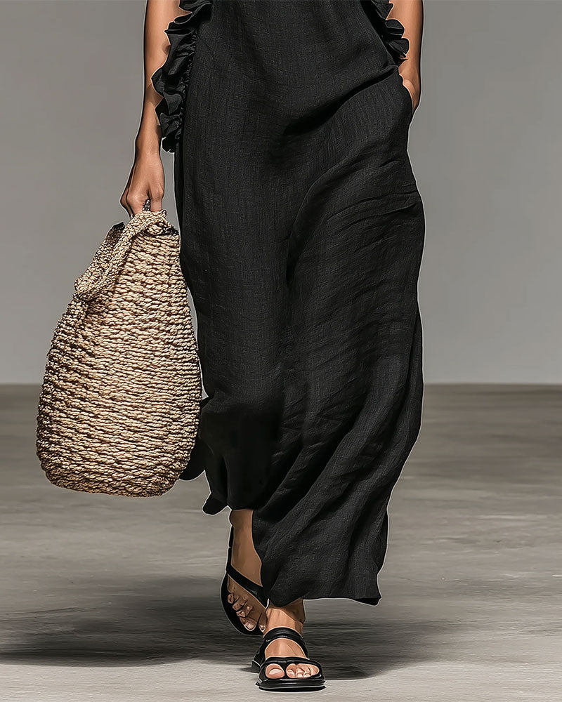 Robe Col Nuque Volantée Longue