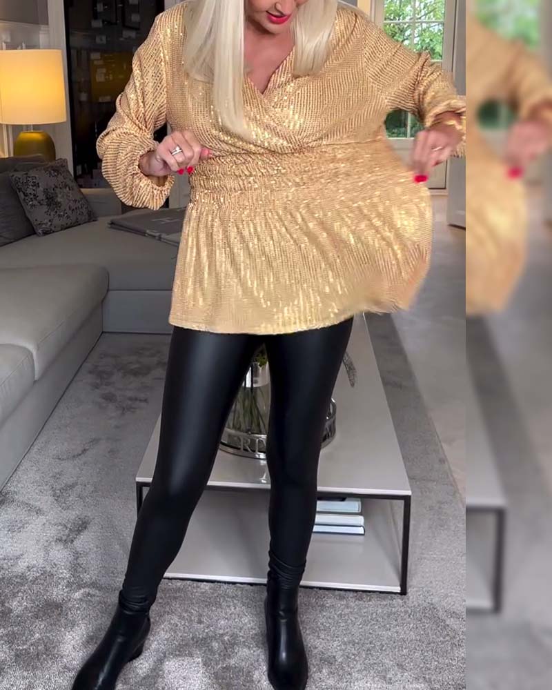 Blouse Unie À Col V Et Taille Cintrée