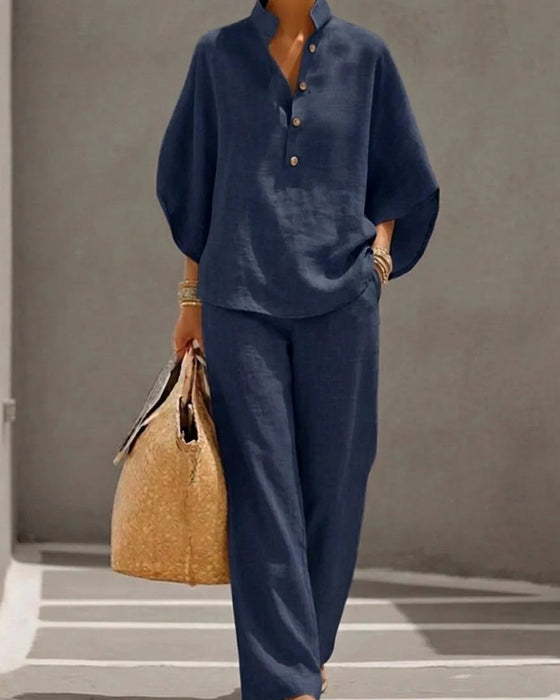 Ensemble Col Monté Manche Chauve-Souris Large Jambe Pantalon