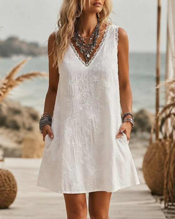 Robe À Col V Dentelle Patchwork Sans Manches