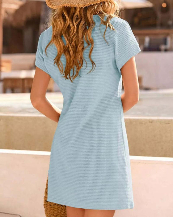 Robe Texture Gaufrée Dentelle Garniture Manches Courtes