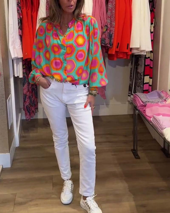 Chemise col montant imprimé géométrique coloré