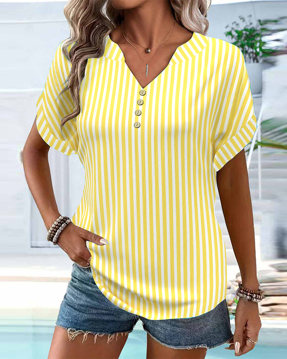 T-Shirt À Col En V Rayée Bloc De Couleurs