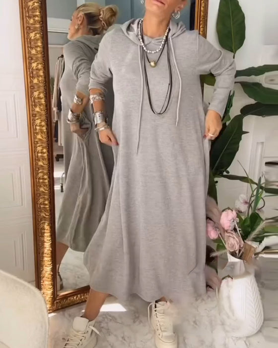 Robe Couleur Unie À Capuche Poche