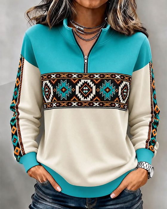 Hoodie Imprimé Géométrique Ethnique Demi-Fermeture Éclair Col Mandarin