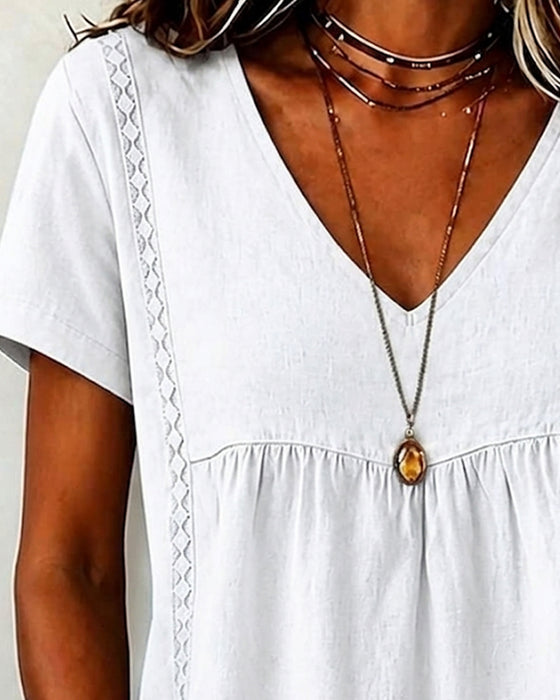 Blouse Col V Froncé Manche Courte