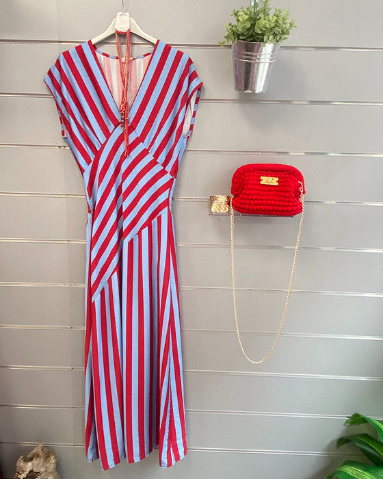 Robe Col V Rayée Taille Cintrée Maxi