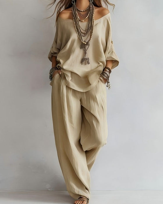 Ensemble Off-Shoulder Pantalon Large Deux Pièces