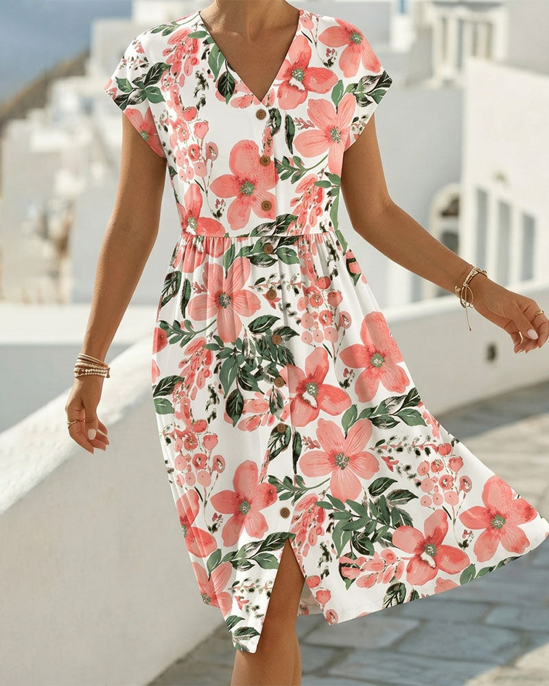Robe Imprimé Floral Col V Manches Courtes