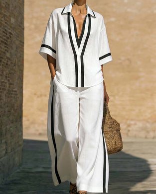 Ensemble Chemise Et Pantalon Large Coupe Ample Contraste De Couleurs