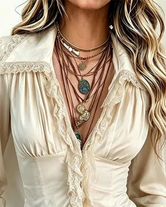 Blouse Col Dentelle Épissé Manches Longues