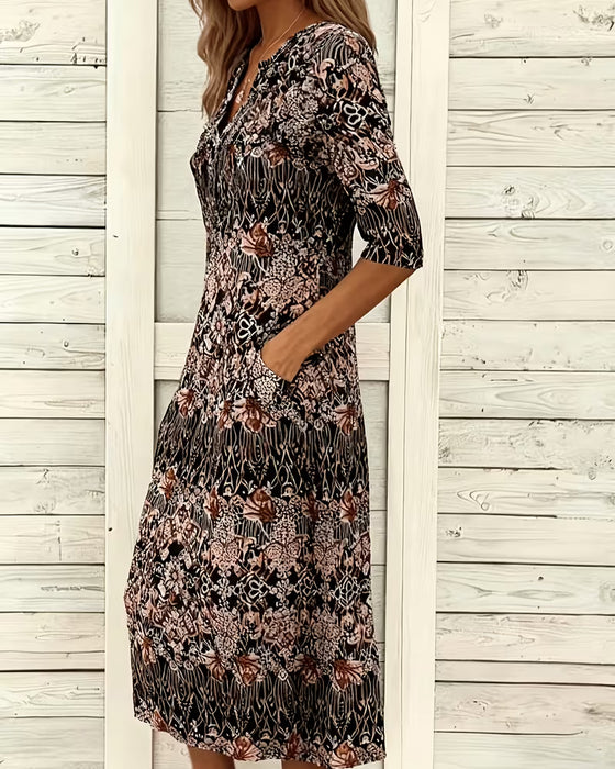 Robe Col V Imprimé Patchwork Demi‑manche