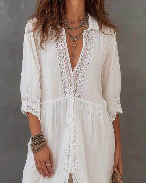 Robe Manches Courtes Dentelle Garniture Revers Longue