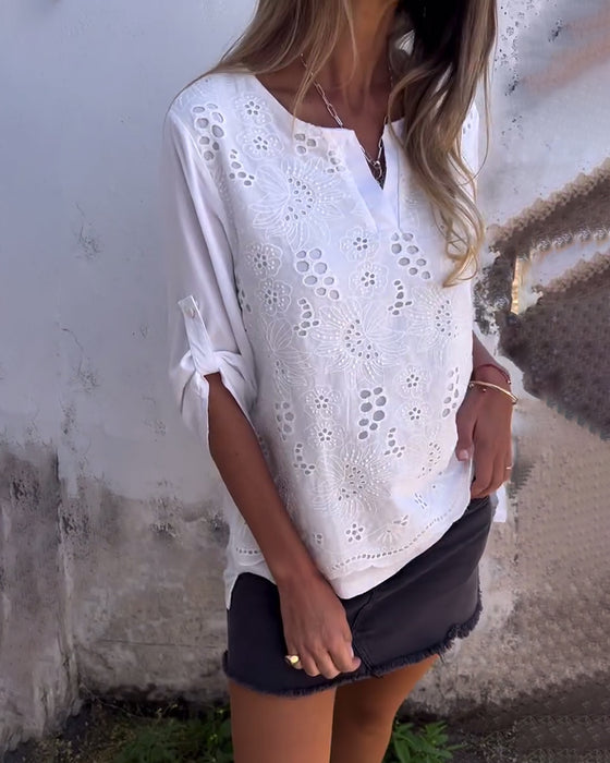 Blouse Unie Patchwork Imprimée Avec Manches Retroussées