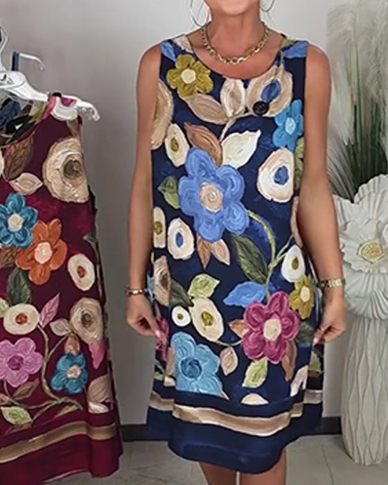 Robe Peinture À L‘huile Florale Sans Manches Droite