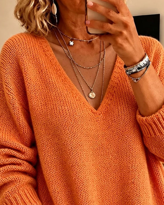 Pullover Ample Col En V Épaule Tombante