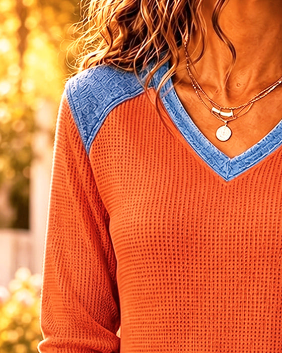 Blouse Décontractée Col En V Patchwork Denim