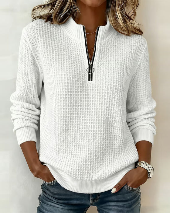 Sweatshirt Col-Debout Fermeture Éclair Manche-Longue Gaufrier