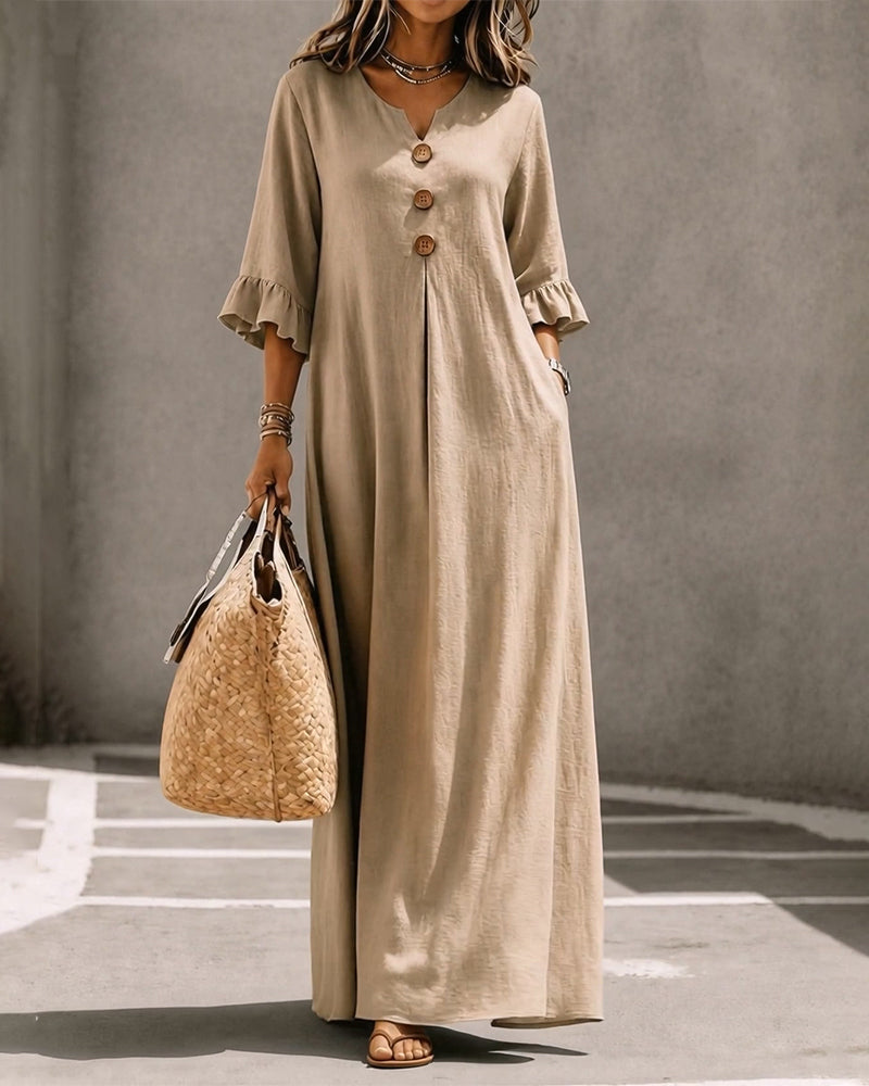 Robe Col En V Bouton Volant Jupe Ample