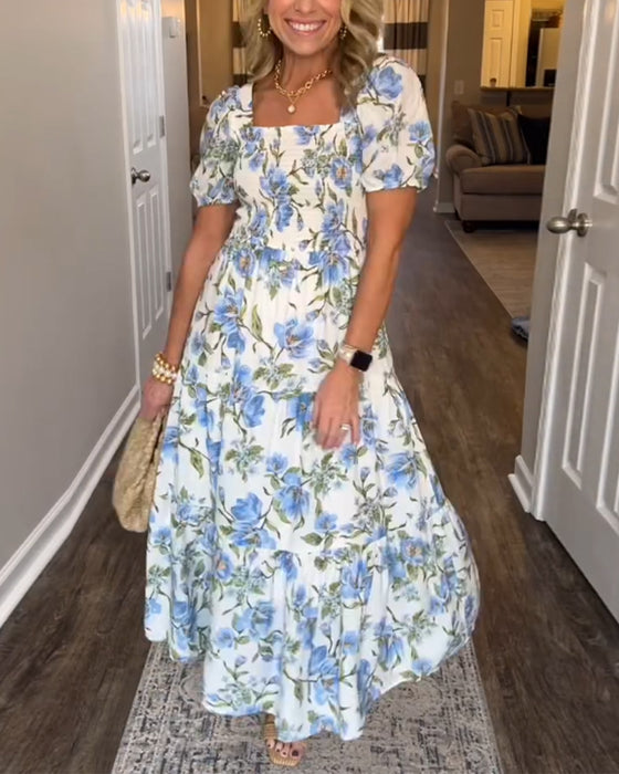 Robe Carré Plissé Fleuri A-Ligne