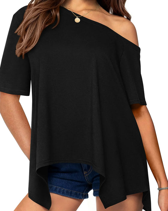 T-Shirt Asymétrique Hors Épaule Manches Courtes