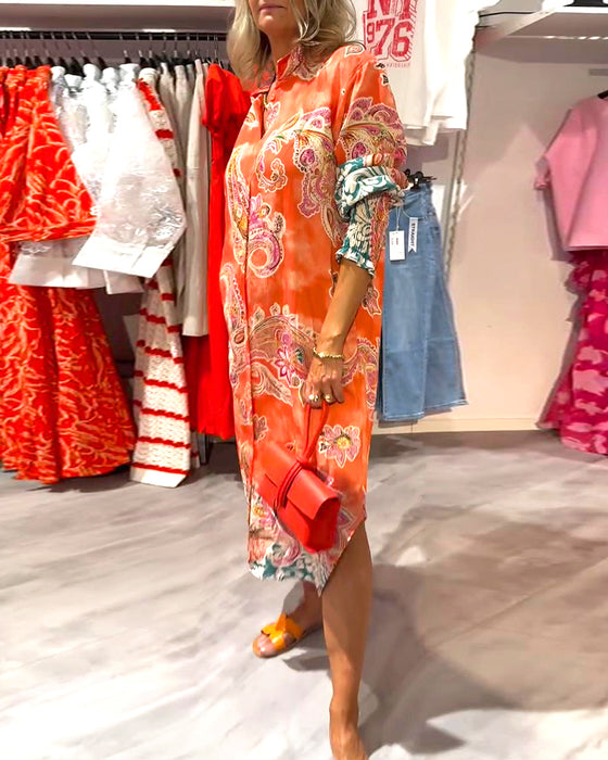 Robe Col Montant Manches Longues Imprimé Cajou