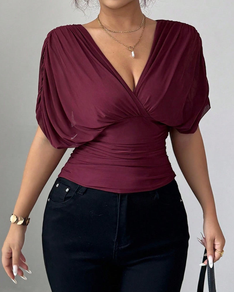 Blouse Unie Profond Col En V Taille Manches Courtes
