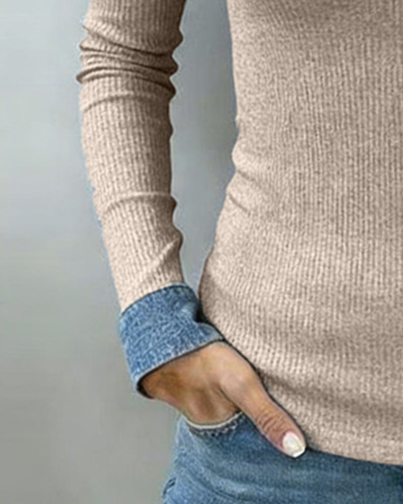 Haut Couleur Contrastante Patte Col V Manche Longue