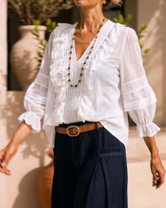 Blouse Col-V Uni En Dentelle
