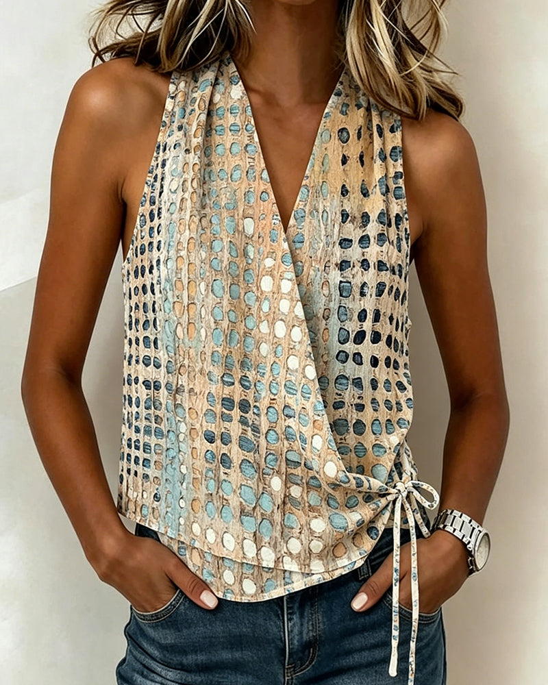 Blouse Col V Croisé Halter Pois Sans Manches