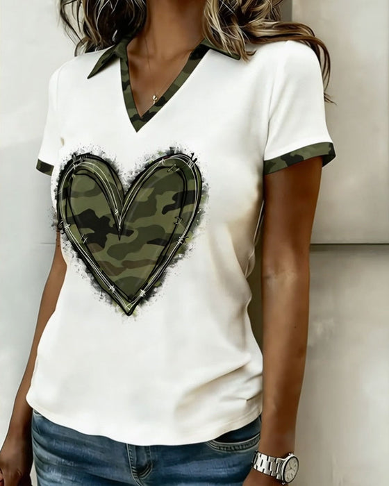 T-Shirt Col Claudien Camouflage Cœur