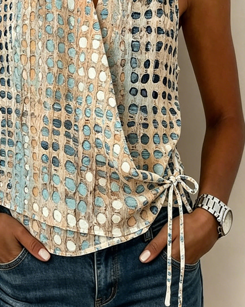 Blouse Col V Croisé Halter Pois Sans Manches