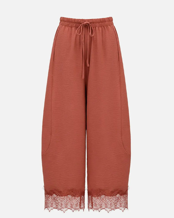 Pantalon Taille Élastique Panneau Dentelle Décontracté