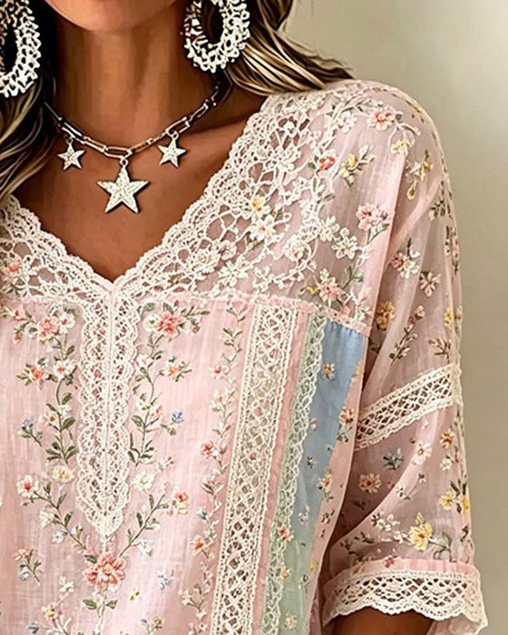 Blouse Col V Dentelle Patchwork Contraste Florale