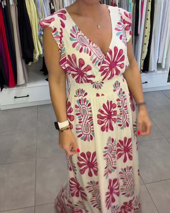 Robe Floral Taille-Serrée Manche-Volant Vacances Maxi