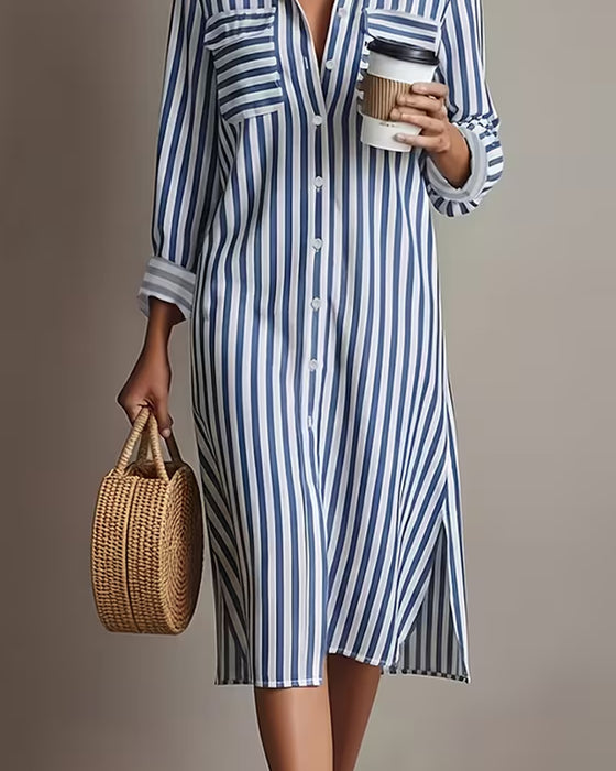 Robe Revers Rayure Verticale Chemise
