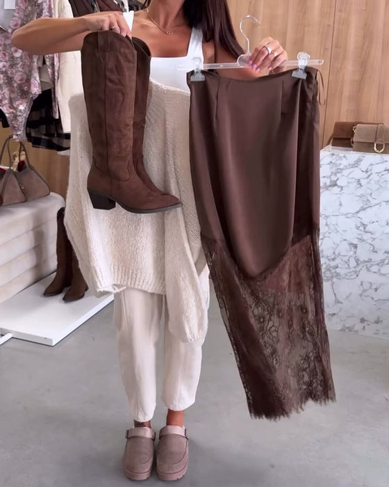 Jupe Élégante En Satin À Empiècements De Dentelle