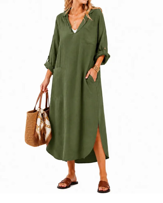 Robe Revers Col En V Poche Fente