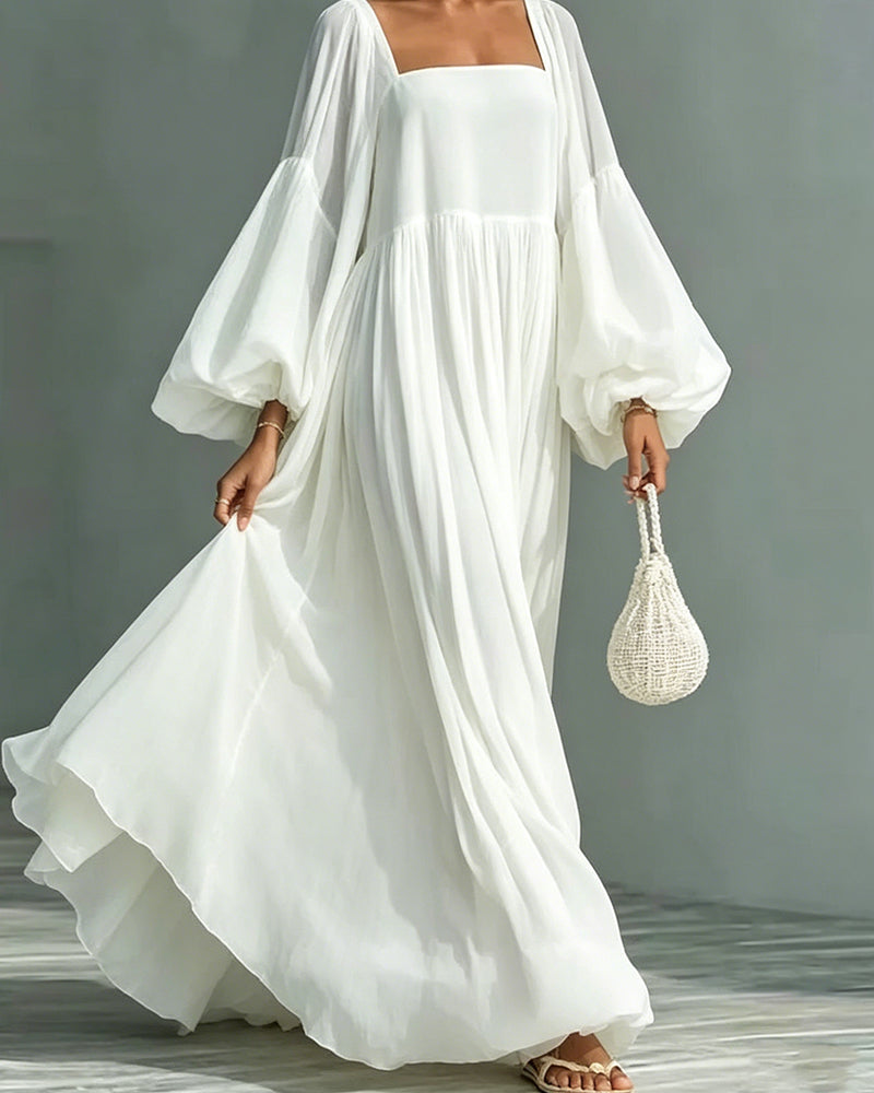Robe Carré Encolure Manche Bouffante Fée Maxi