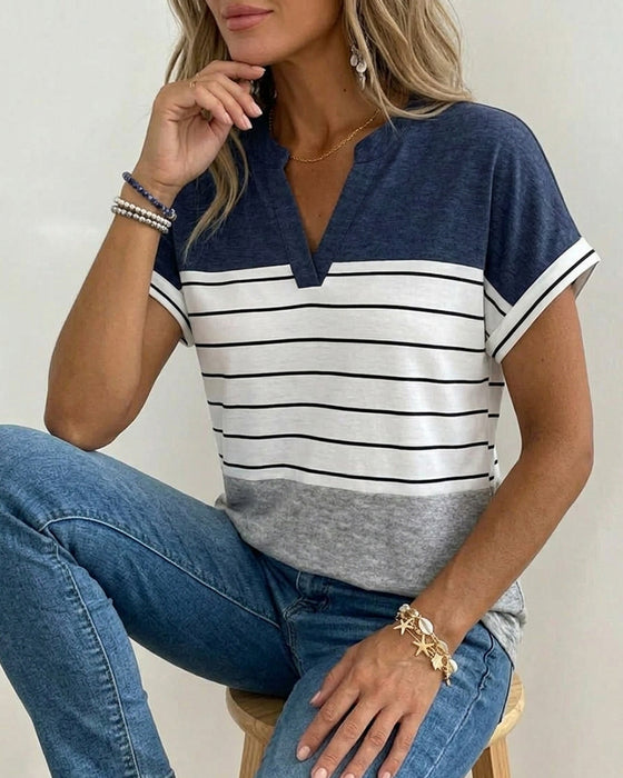 T-Shirt Col V Contraste Rayure