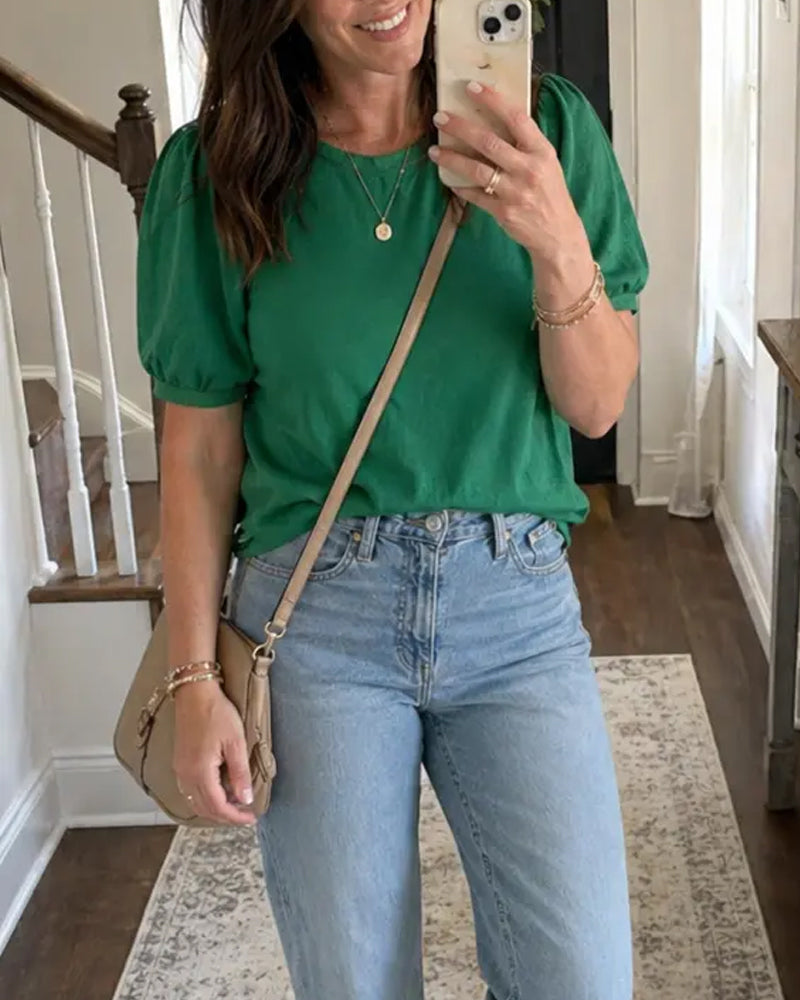 Pull-Over Manche Bouffante Tricoté Manches Courtes