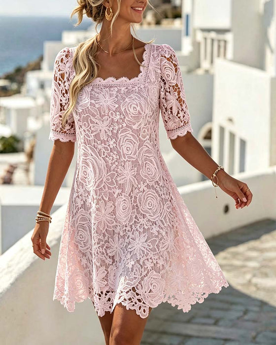 Robe Dentelle Patchwork Évidé Col Carré