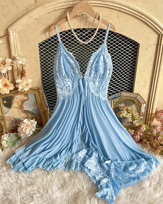 Chemise de Nuit Décolletée & Culotte Décor Nœud Set Femme Sexy Volant Dentelle