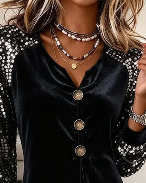 Robe Petit Col En V Sequins Manche