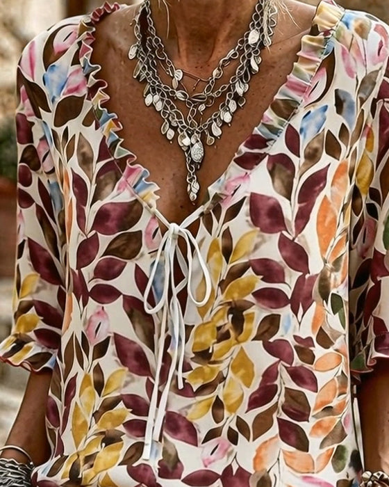 Blouse Décontractée Imprimée À Manches À Volants