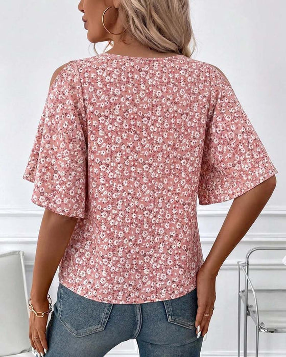 Blouse Col V Florale Off-Shoulder Manche Papillon