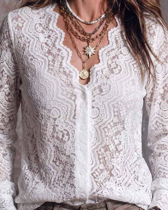 Blouse Col V Manche Longue Décontractée